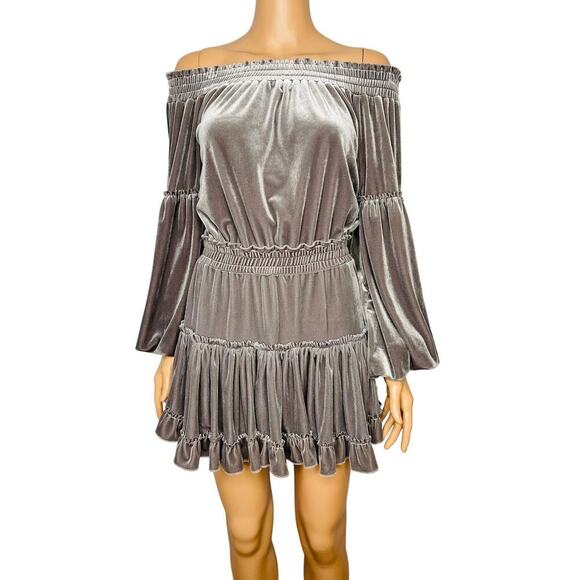 MISA Los Angeles Womens Talin Off The shoulder Velvet Mini Dress Sz S Gray - Picture 2 of 10